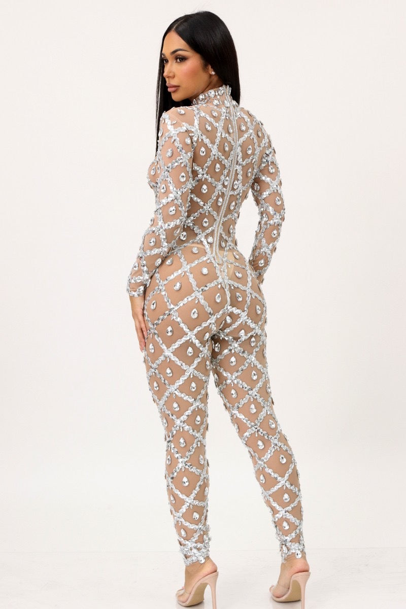 Sheer Nude Mesh Bodysuit with Iridescent Stones - Long Sleeve, Mock Neck (True to Size, Stretchy Fit