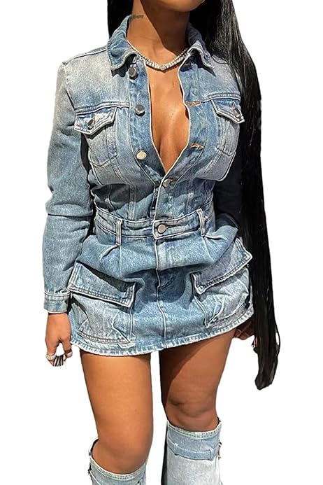 Denim Jacket Dress – Sexy Button-Down Mini Dress with Belt & Pockets