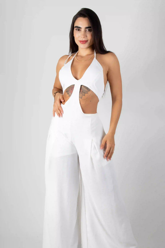 White Cutout Halter Jumpsuit – Elegant Wide-Leg One-Piece for Women