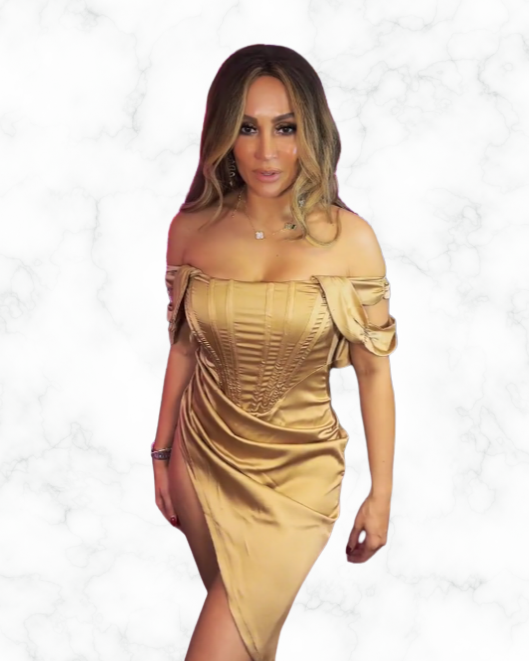 Golden Goddess Dress Off-Shoulder Satin Corset Gown Connie Pena Golden Goddess Dress Off-Shoulder Satin Corset Gown Connie Pena