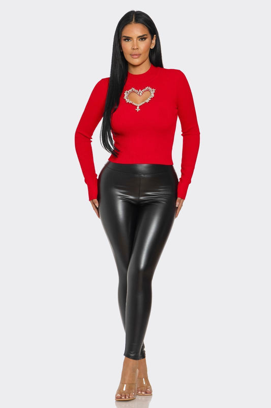 High-Waist Faux Leather Leggings black & red