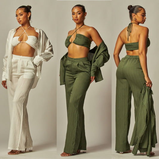 Chic Linen Three-Piece Set – White & Olive green