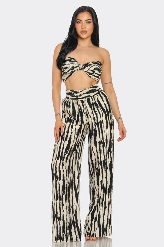 Zebra Print Two-Piece Set – Strapless Twist Crop Top & Wide-Leg Pants for Women