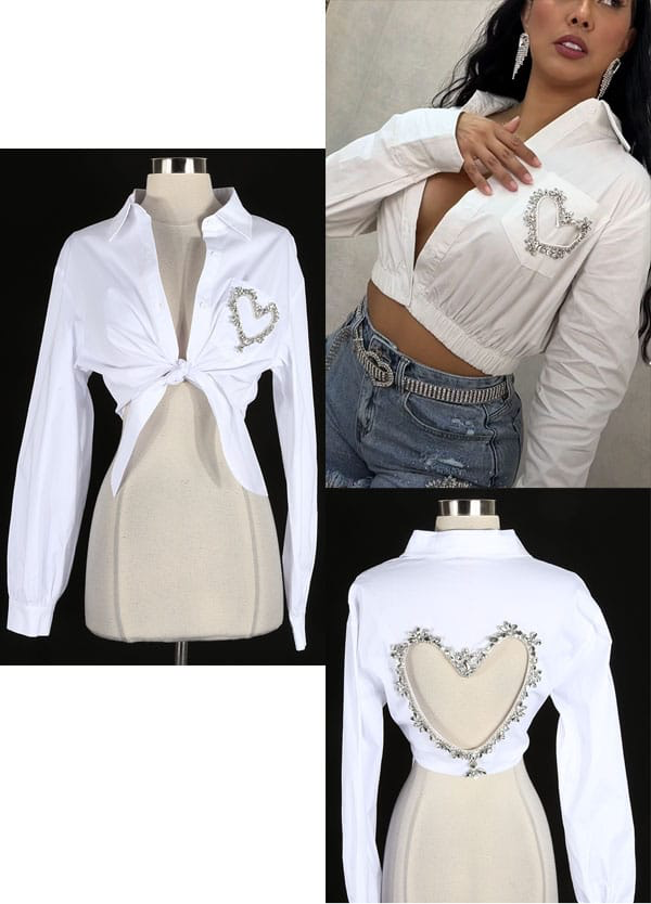 White Rhinestone Heart Cropped Shirt – Long Sleeve Button-Up