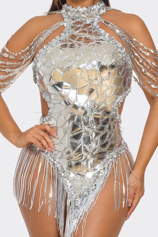 Backless Mirror Sequin Dress - Silver Stage Costume for Nightclub, Rave & Drag Shows