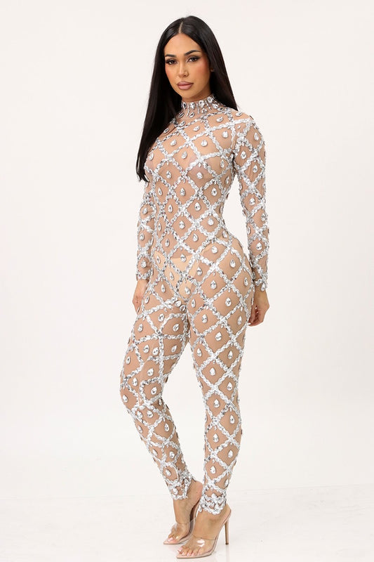 Sheer Nude Mesh Bodysuit with Iridescent Stones - Long Sleeve, Mock Neck (True to Size, Stretchy Fit