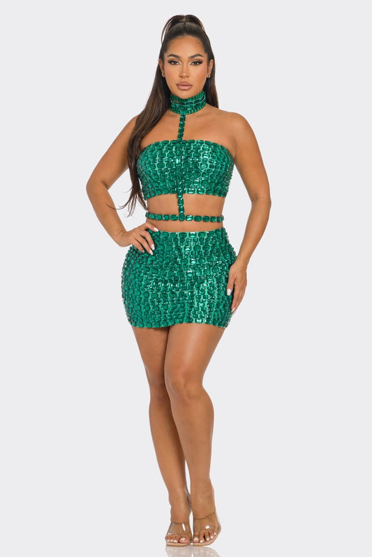 ✨ Emerald Glam Rhinestone Two-Piece Set – Bodycon Mini Skirt & Halter Choker Top ✨