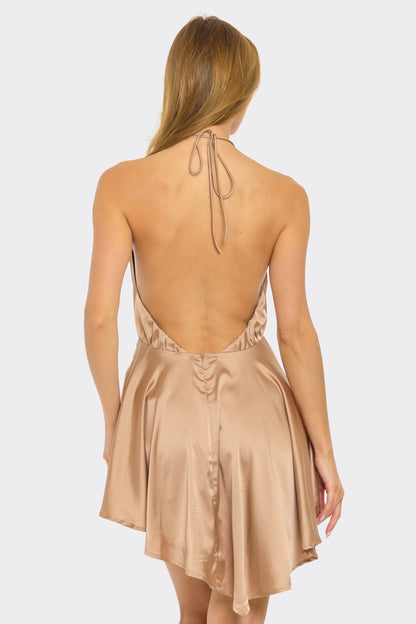 Nude Silk Halter Mini Dress – Elegant Backless Slip Dress