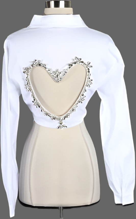 White Rhinestone Heart Cropped Shirt – Long Sleeve Button-Up