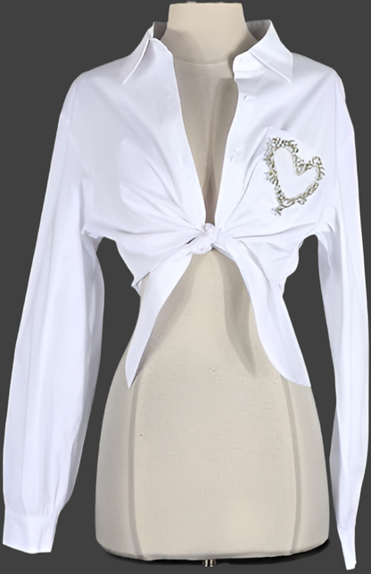 White Rhinestone Heart Cropped Shirt – Long Sleeve Button-Up