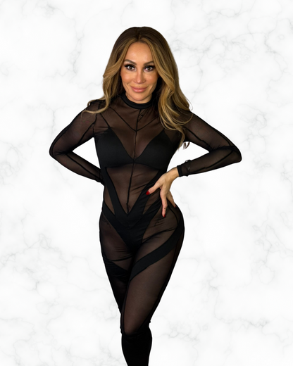 Black Sheer Mesh Long Sleeve Jumpsuit