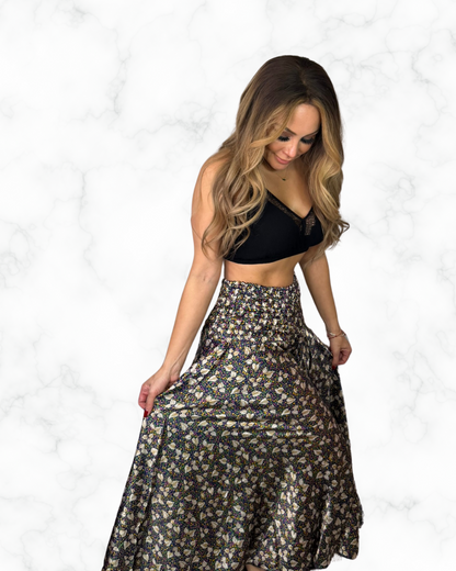 Boho Black Floral Wide-Leg Palazzo Pants