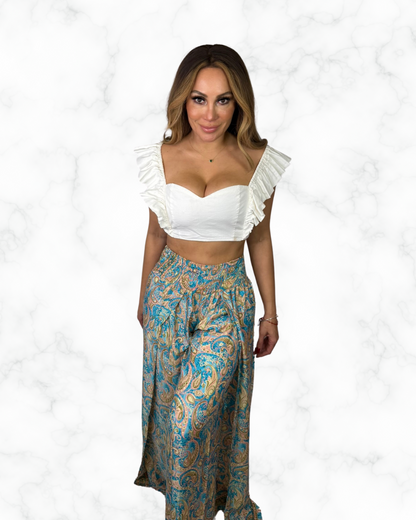 Boho Blue & Gold Paisley Wide-Leg Pants