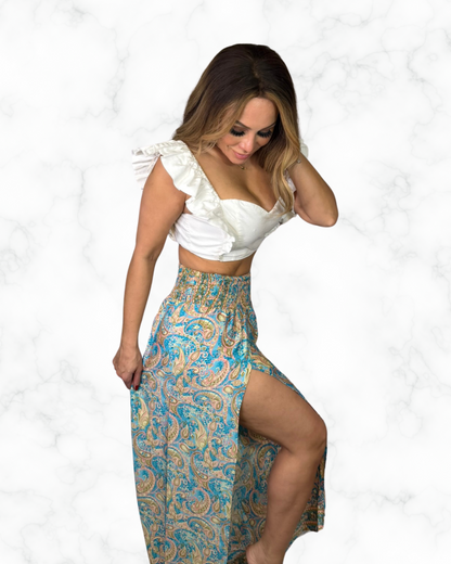 Boho Blue & Gold Paisley Wide-Leg Pants