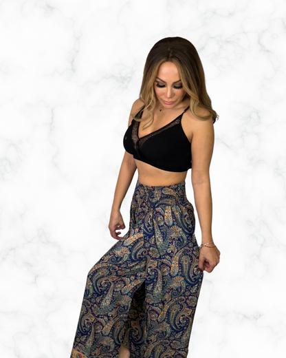 Boho Midnight Paisley Wide-Leg Palazzo Pants