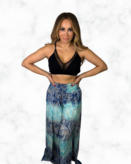 Boho Ocean Blue Paisley Wide-Leg Palazzo Pants