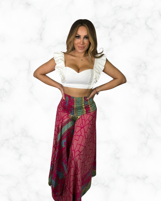 Boho Red Patchwork Wide-Leg Pants