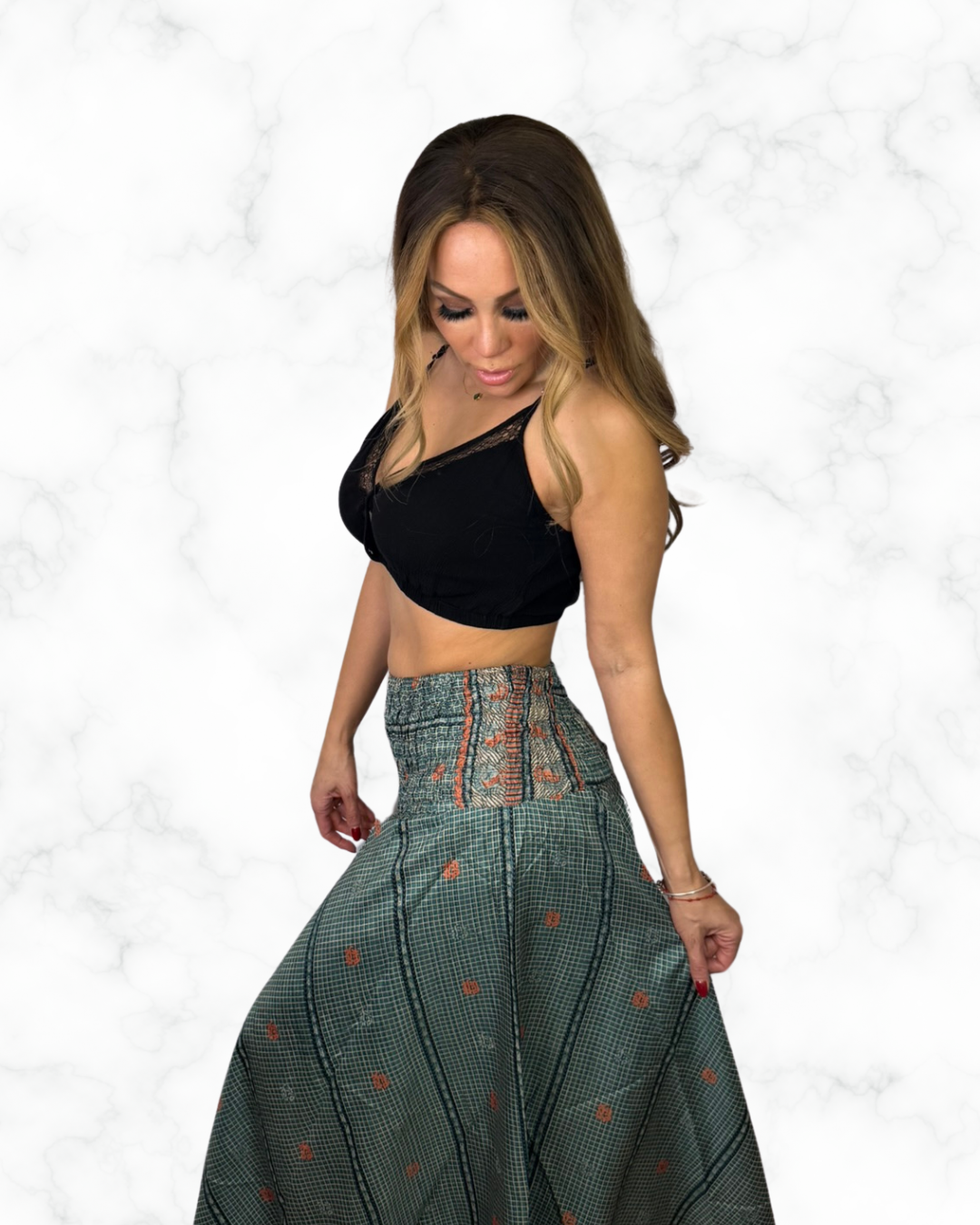 Boho Teal Geometric Wide-Leg Palazzo Pants