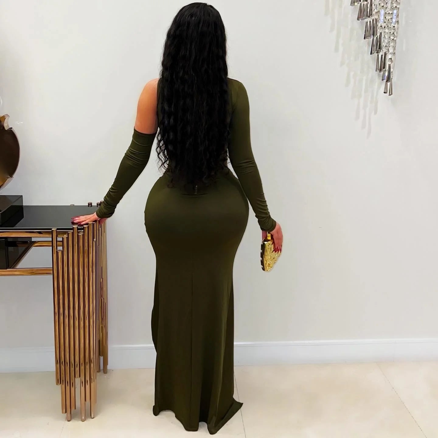 Elite Luxe Cutout Maxi Dress – Olive Green & Gold