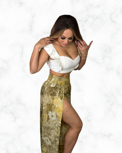 Golden Floral Wide-Leg Palazzo Pants