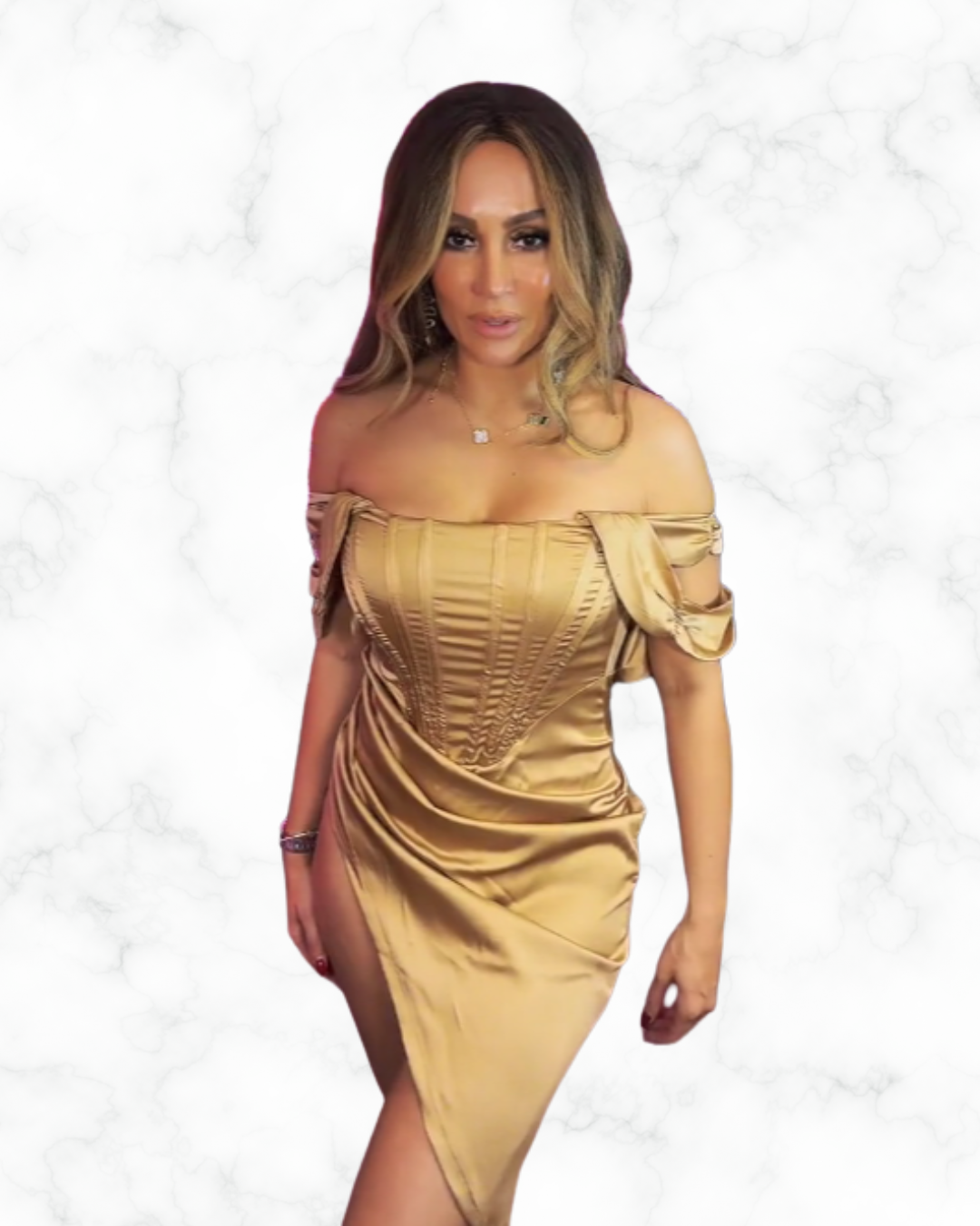 Golden Goddess Dress – Off-Shoulder Satin Corset Gown