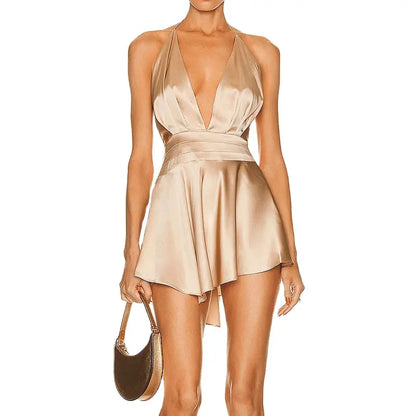 Nude Silk Halter Mini Dress – Elegant Backless Slip Dress