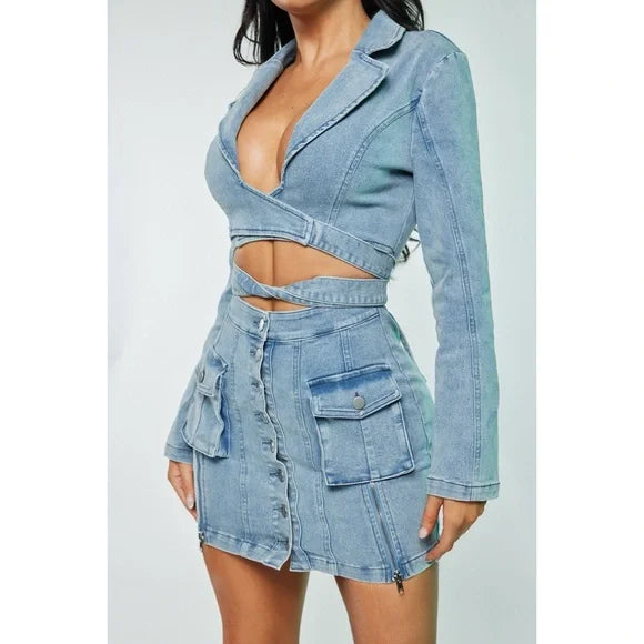 Double Split Denim Skirt Set