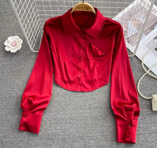 Lustrous Satin Cropped Blouse – Bold Red