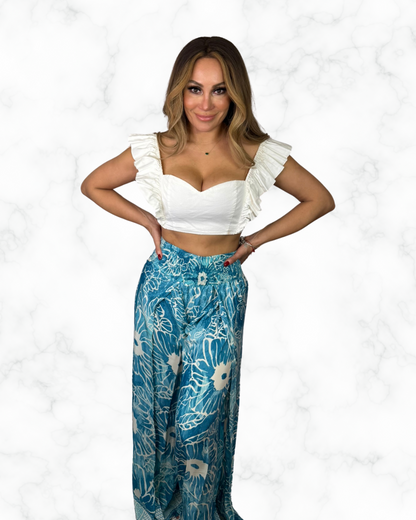 Tropical Blue Floral Wide-Leg Palazzo Pants